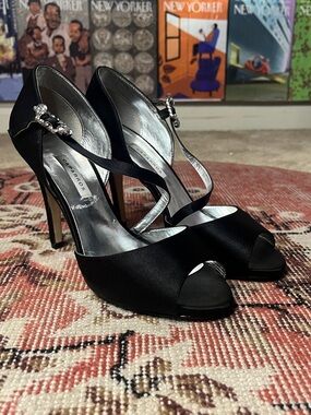 Caparros Black Satin Peep-Toe D’orsay Heels with Crystal Cross-Strap